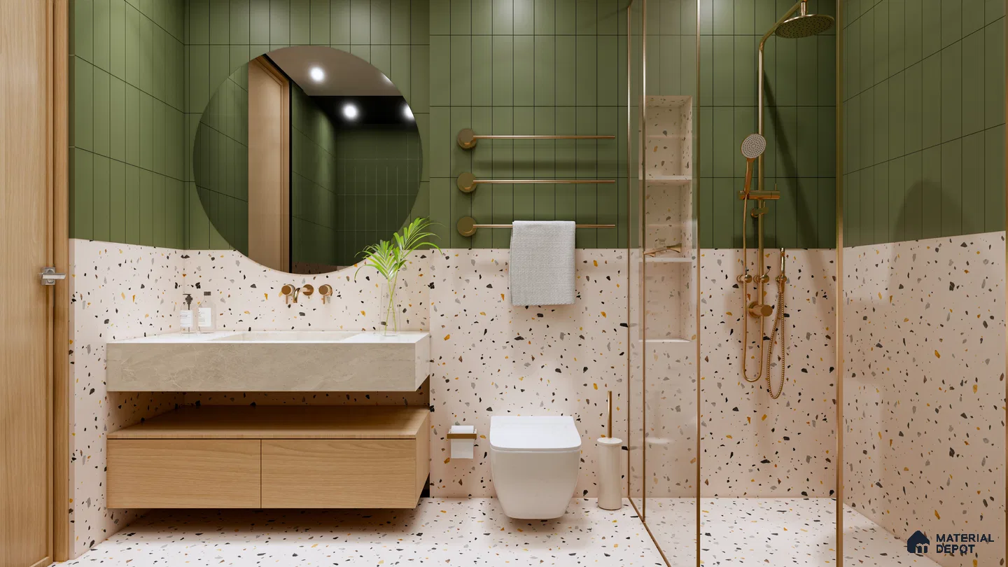 Olive Green & Terrazzo Harmony in a Fresh Modern Bathroom | Material Depot