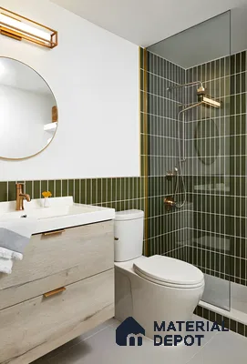 Olive Green and Oak Bathroom with Vertical Tile Accents | Material Depot