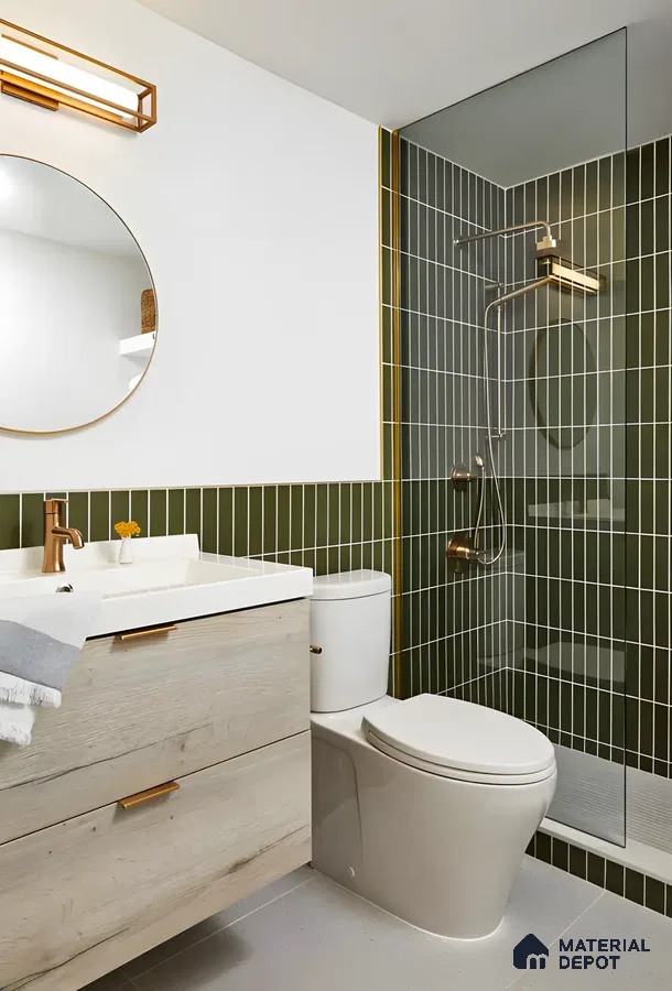 Olive Green and Oak Bathroom with Vertical Tile Accents | Material Depot