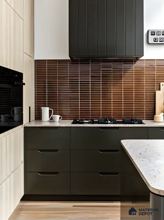 Olive Green and Terracotta Kitchen with Textured Backsplash | Material Depot