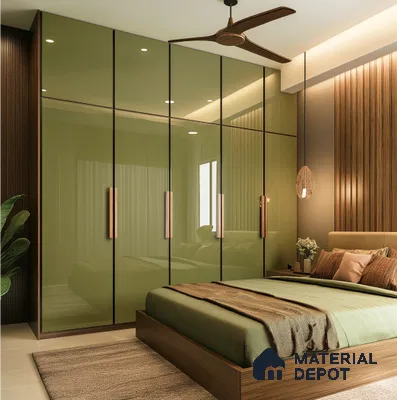 Olive Green Glossy Laminate Wardrobe with Wood Accents in Modern Bedroom | Material Depot