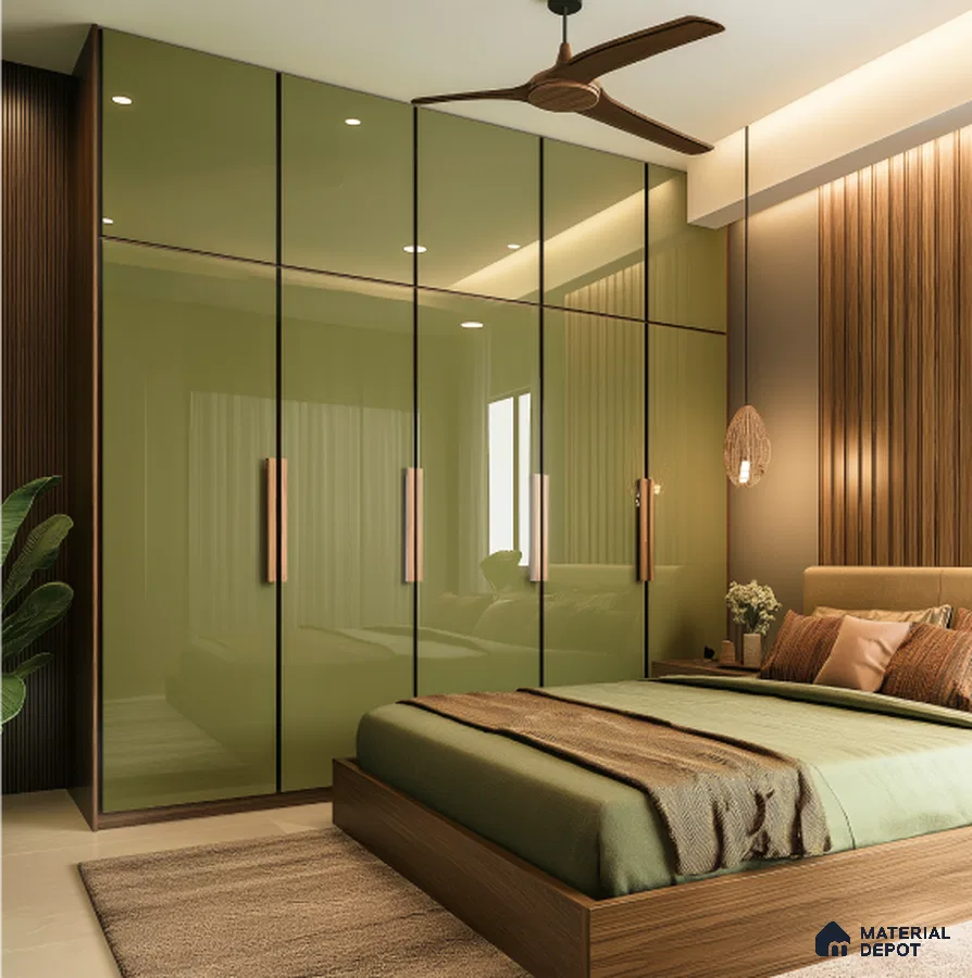 Olive Green Glossy Laminate Wardrobe with Wood Accents in Modern Bedroom | Material Depot