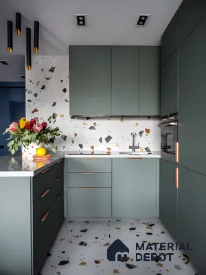 Olive Green Kitchen With Bold Terrazzo Tiles And Copper Accents | Material Depot