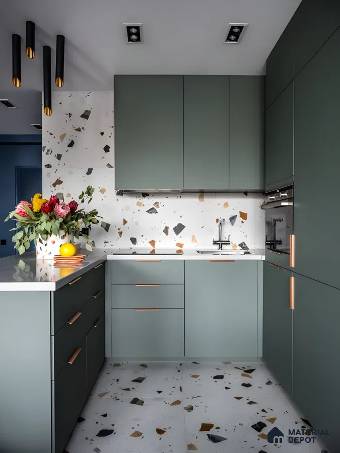 Olive Green Kitchen With Bold Terrazzo Tiles And Copper Accents | Material Depot