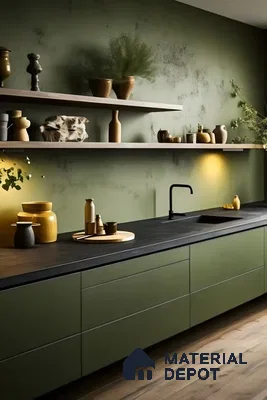 Olive Green Kitchen with Sleek Black Countertop and Floating Shelves | Material Depot