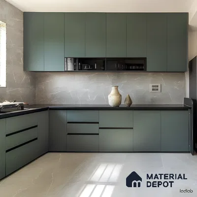 Olive Matte Kitchen With Seamless Storage And Stone Texture Backsplash | Material Depot