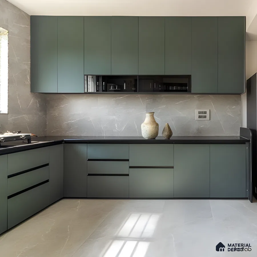 Olive Matte Kitchen With Seamless Storage And Stone Texture Backsplash | Material Depot