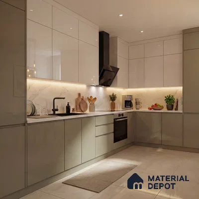 Modern kitchen with glossy beige and taupe laminate, marble-look backsplash, and white quartz countertop