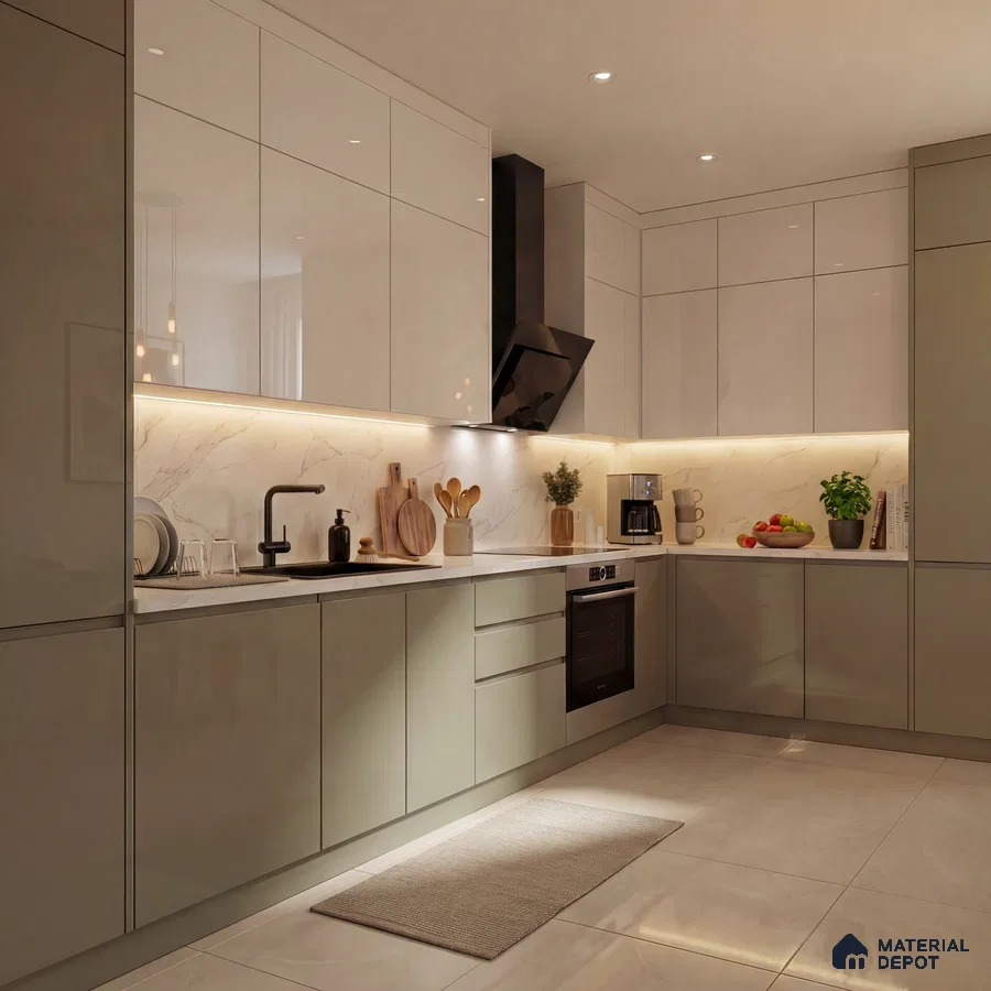 Modern kitchen with glossy beige and taupe laminate, marble-look backsplash, and white quartz countertop