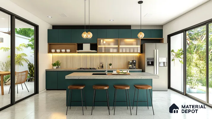Open and Airy Kitchen with Teal Cabinets and a Marble Island | Material Depot