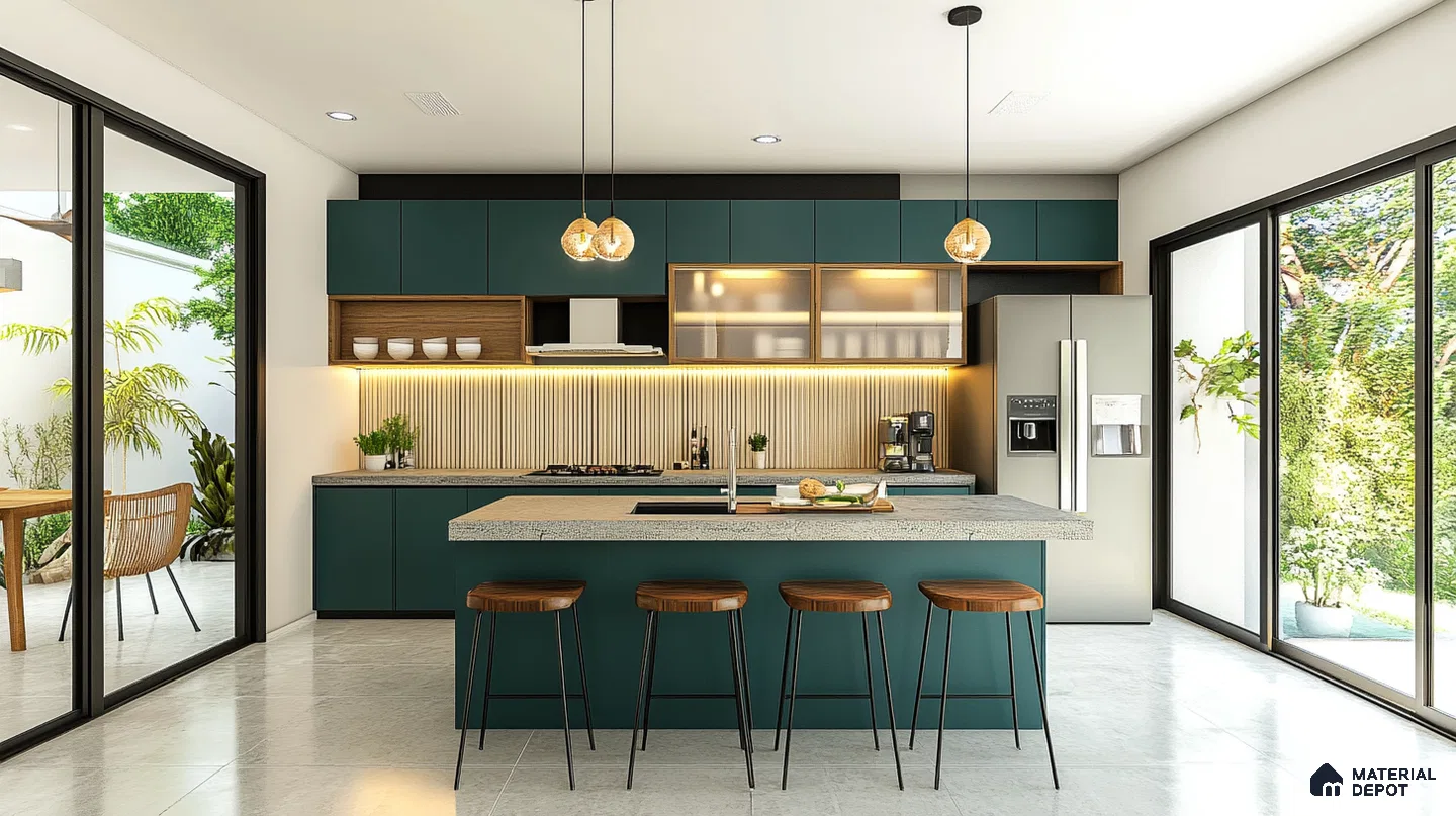 Open and Airy Kitchen with Teal Cabinets and a Marble Island | Material Depot