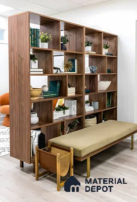 Open-Back Walnut Divider with Modern Bench | Material Depot