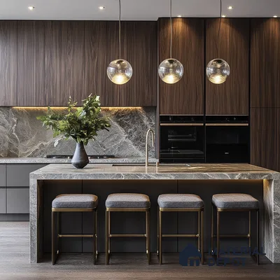 Opulence in Wood and Marble: A Modern Kitchen Space Highlighting Luxurious Accents and Sleek Design | Material Depot