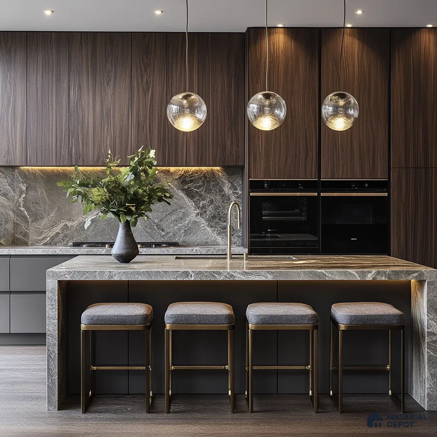 Opulence in Wood and Marble: A Modern Kitchen Space Highlighting Luxurious Accents and Sleek Design | Material Depot
