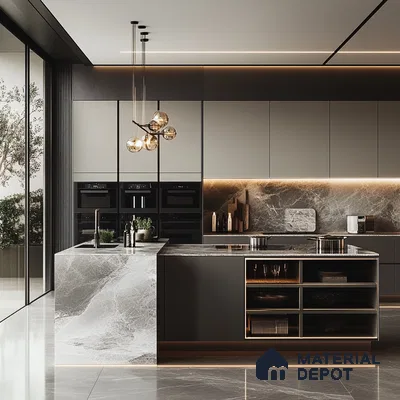 Opulent Allure: Luxurious Kitchen Design with Marble Island and Sophisticated Dark Tones | Material Depot