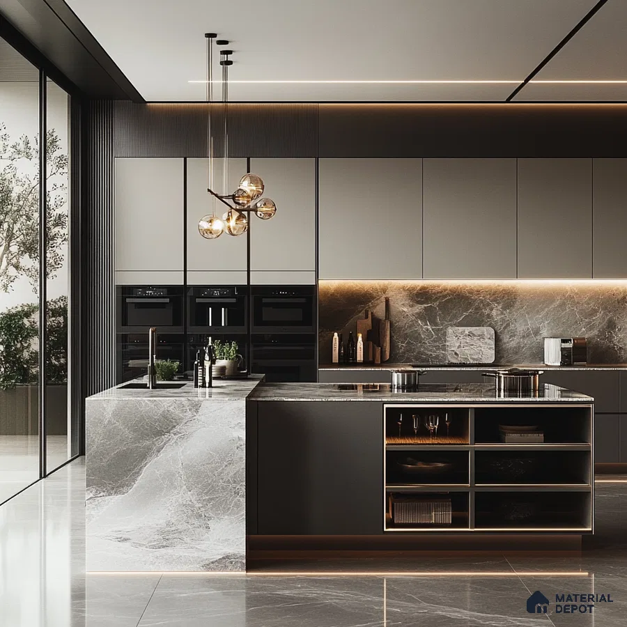 Opulent Allure: Luxurious Kitchen Design with Marble Island and Sophisticated Dark Tones | Material Depot
