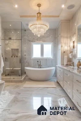 Opulent Bathroom with Marble Finishes and Chandelier | Material Depot