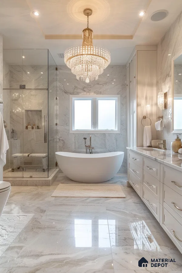 Opulent Bathroom with Marble Finishes and Chandelier | Material Depot
