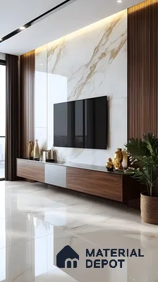 Opulent Contrast: Tv Unit With Golden Vein Marble And Rich Wood Paneling | Material Depot