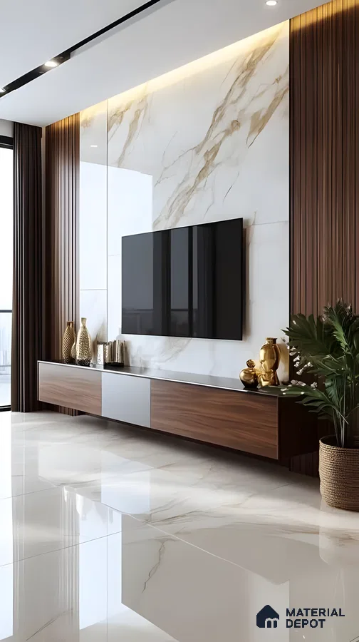 Opulent Contrast: Tv Unit With Golden Vein Marble And Rich Wood Paneling | Material Depot
