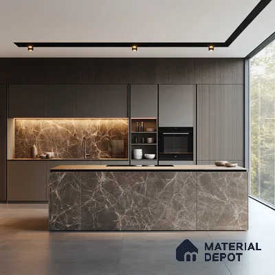 Opulent Dark Wood Kitchen with Gold-Lit Marble Backsplash and Luxurious Textures | Material Depot