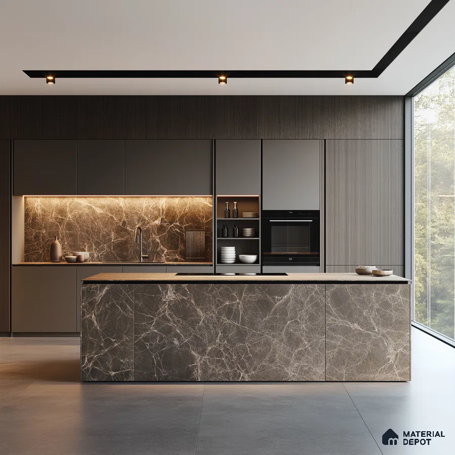 Opulent Dark Wood Kitchen with Gold-Lit Marble Backsplash and Luxurious Textures | Material Depot