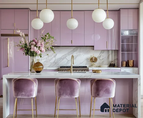 Opulent Lavender and Gold Kitchen Design with Elegant Marble Countertops and Velvet Bar Stools | Material Depot