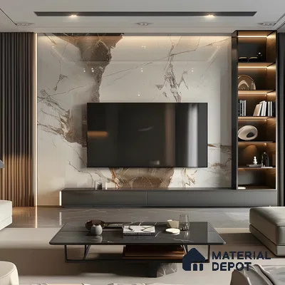 Opulent Living Room with Dramatic Marble TV Wall | Material Depot