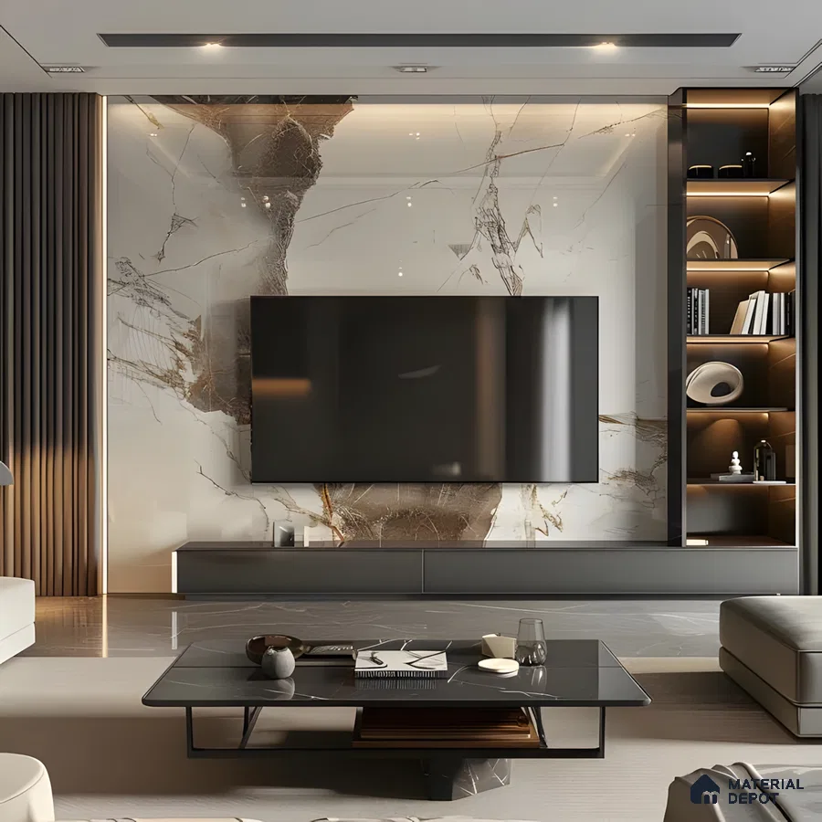 Opulent Living Room with Dramatic Marble TV Wall | Material Depot