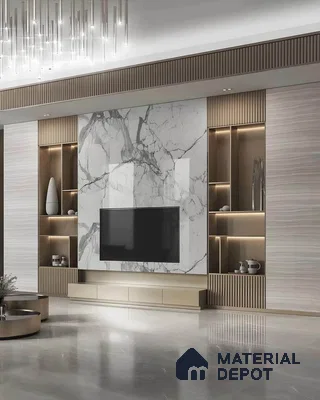 Opulent Living Room with Marble Accent Wall and Modern Lighting | Material Depot