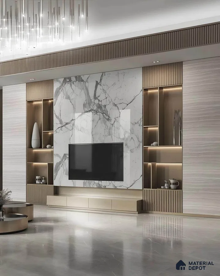 Opulent Living Room with Marble Accent Wall and Modern Lighting | Material Depot