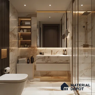 Opulent Retreat: Luxurious Marble Bathroom with Dual Sinks and Integrated Lighting | Material Depot