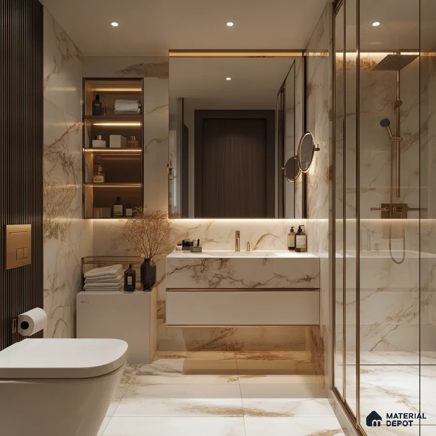 Opulent Retreat: Luxurious Marble Bathroom with Dual Sinks and Integrated Lighting | Material Depot
