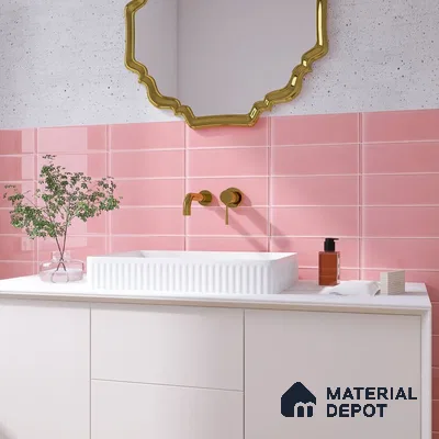 Organic Elegance Pink Accents and Golden Touch in White Bathroom | Material Depot