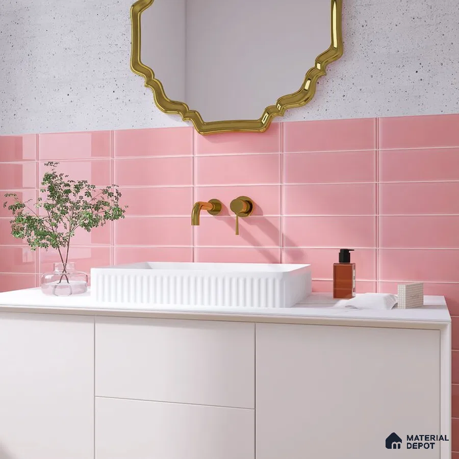 Organic Elegance Pink Accents and Golden Touch in White Bathroom | Material Depot