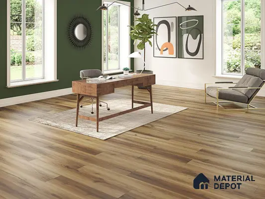 Study room with beige wooden laminate floor