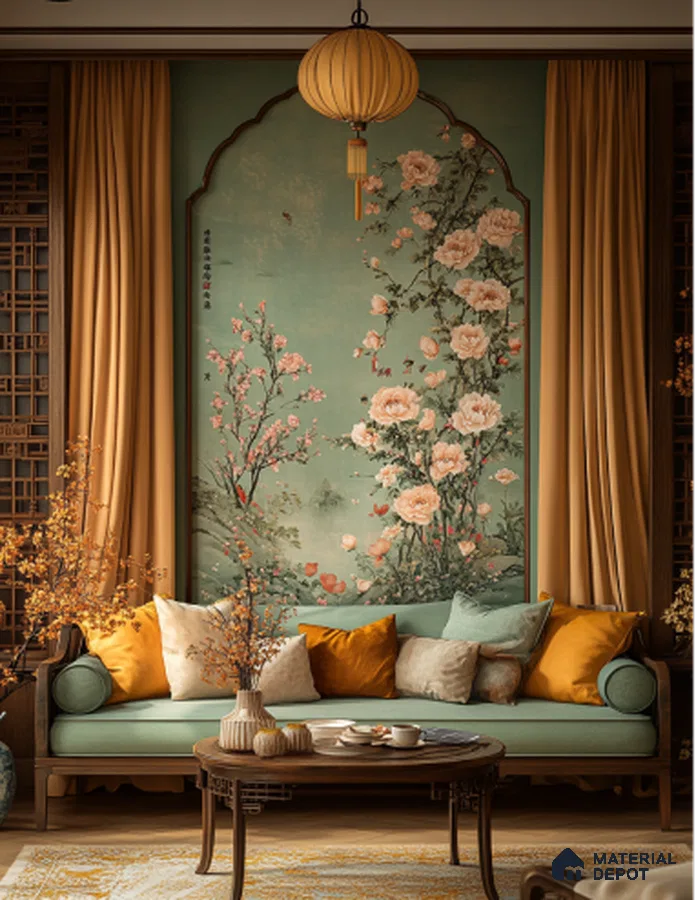 Oriental Living Room with Floral Wallpaper and Warm Earthy Accents | Material Depot