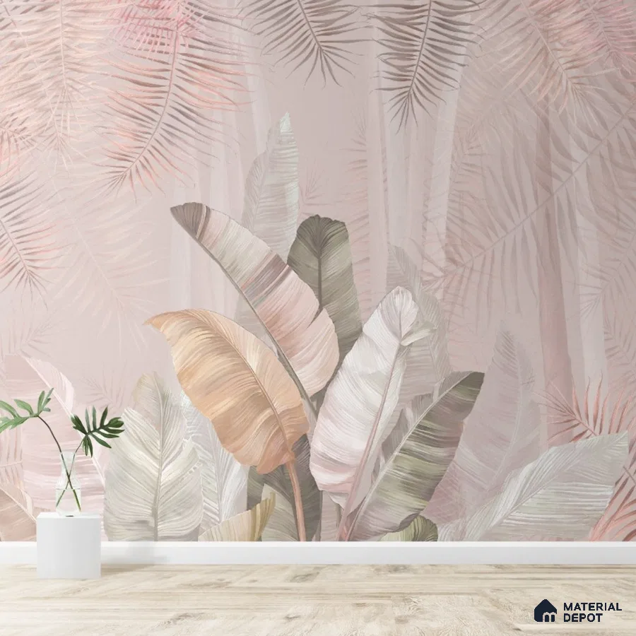 A close-up of a Pallav, A Champagne Pink Colors Tropical Wallpaper Indrani Series Soft Feel Tropical Design (Customised Size Wallpaper )available at Material Depot in Bangalore