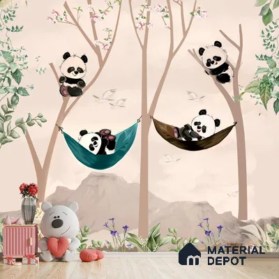 A close-up of a Cute Panda on Hammock Wallpaper for Kids Room Wall, Customised Sparkla N Shine Series Entertainment Design (Customised Size Wallpaper) with a finish available at Material Depot in Bangalore