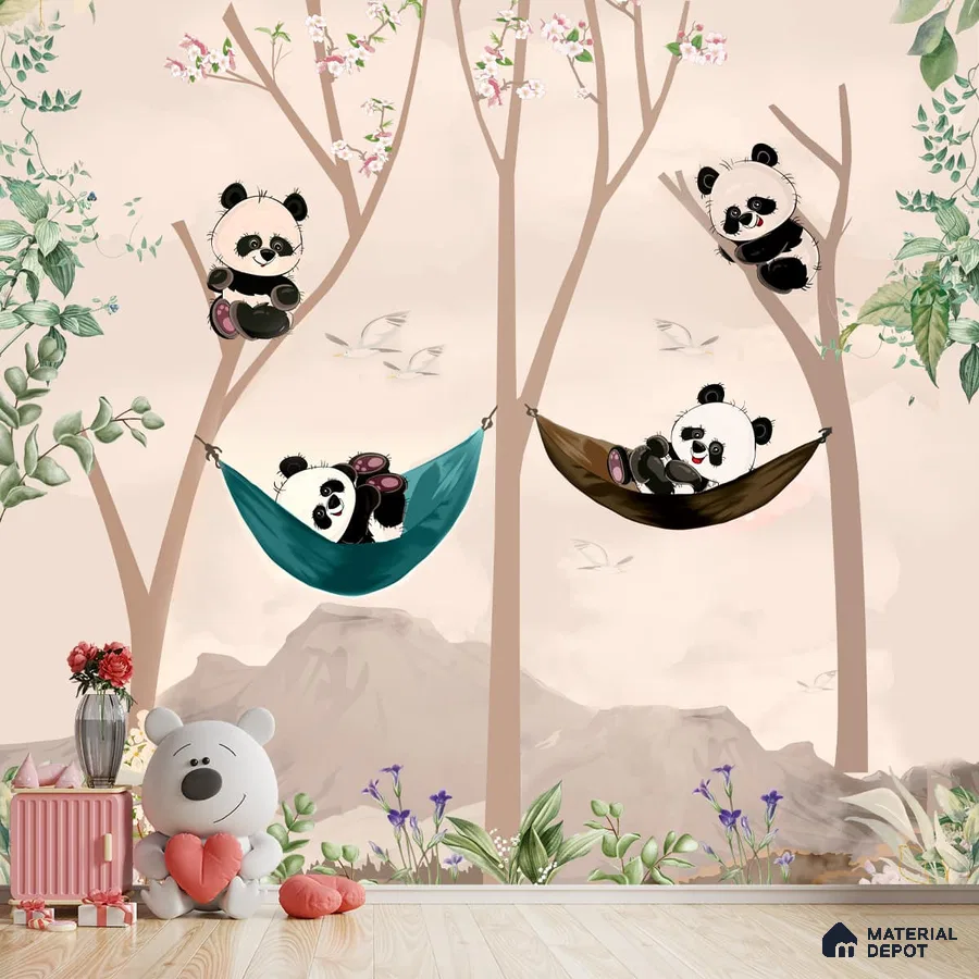 A close-up of a Cute Panda on Hammock Wallpaper for Kids Room Wall, Customised Sparkla N Shine Series Entertainment Design (Customised Size Wallpaper) with a finish available at Material Depot in Bangalore