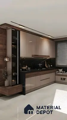 Parallel Kitchen With Glossy Champagne Cabinets, Black Marble Backsplash, And Warm Wood Elements | Material Depot