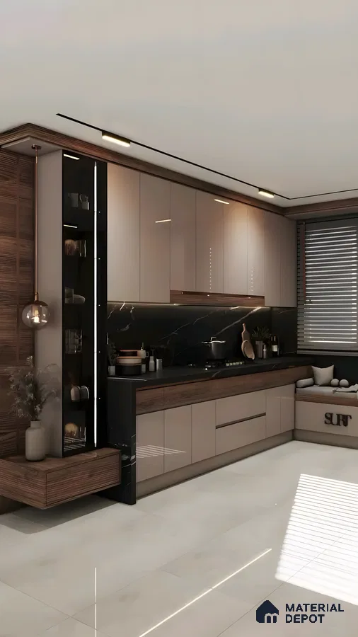 Parallel Kitchen With Glossy Champagne Cabinets, Black Marble Backsplash, And Warm Wood Elements | Material Depot