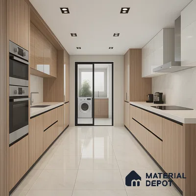 Parallel Kitchen with Marble Backsplash and Woodgrain Cabinets in 3 BHK Sobha Palm Court, Yelahanka | Material Depot