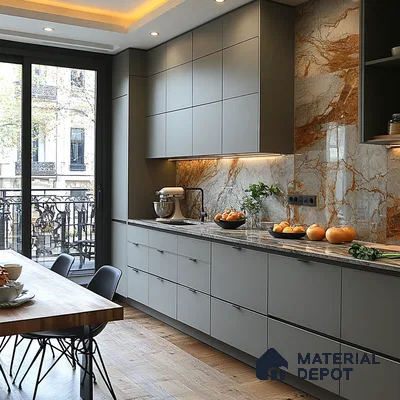 Parisian Charm: Elegant Grey Cabinetry and Marble Delight with a Balcony View | Material Depot