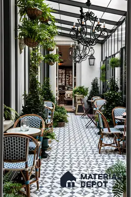 Parisian-Inspired Patio with Patterned Tiles and Greenery | Material Depot