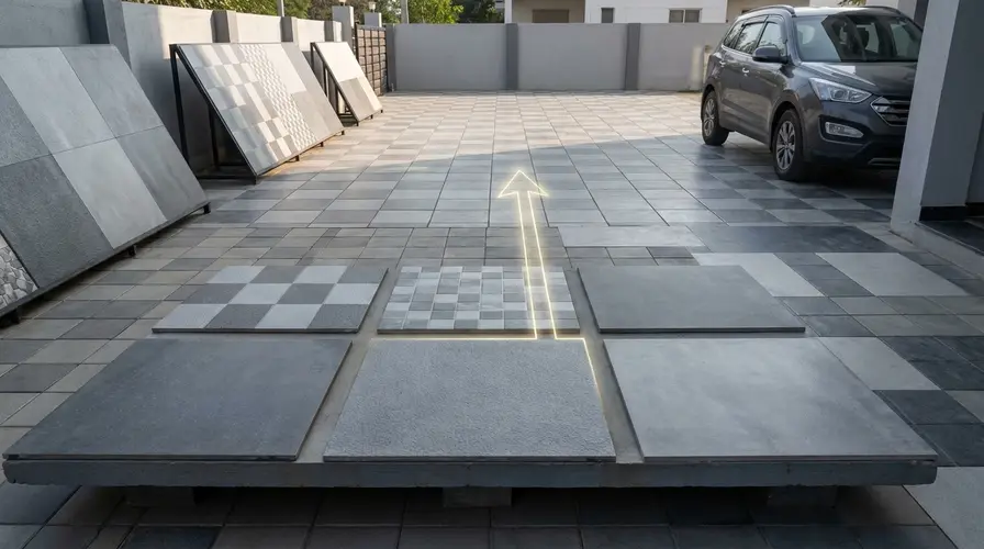 Image showing the materials sample of Parking Tiles in Hyderabad Store along with the mockup image of its application area