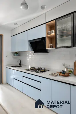 Pastel Blue And White Acrylic Kitchen With Fluted Glass Cabinet And Subway Tile Backsplash | Material Depot