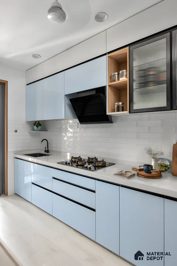 Pastel Blue And White Acrylic Kitchen With Fluted Glass Cabinet And Subway Tile Backsplash | Material Depot