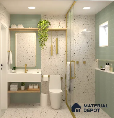 Pastel Green And Terrazzo Bathroom With Gold Accents | Material Depot