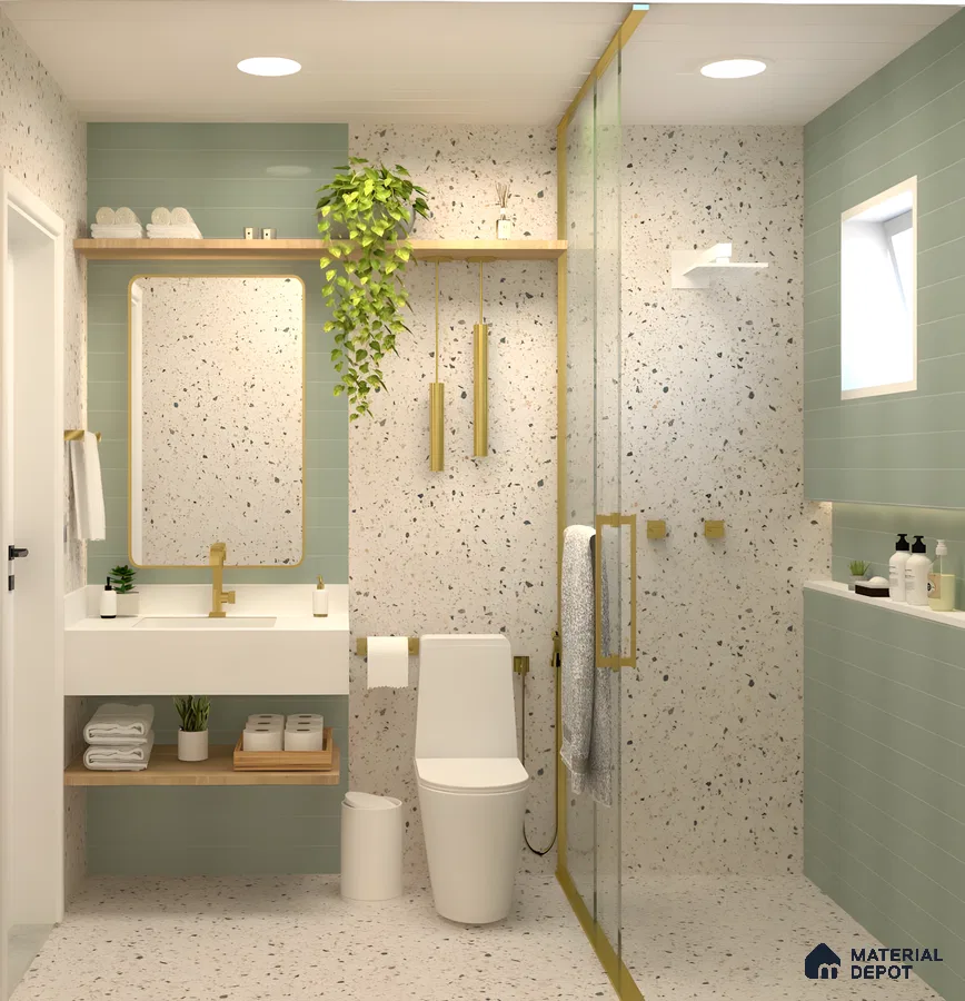 Pastel Green And Terrazzo Bathroom With Gold Accents | Material Depot